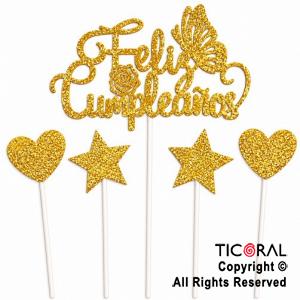 CAKE TOPPER FELIZ CUMPLEA�OS CON ESTRELLAS Y CORAZONES GIBRE ORO